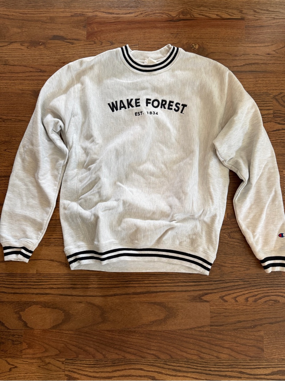 Champion Light Gray Wake Forest Crewneck with Black Stripe Trim